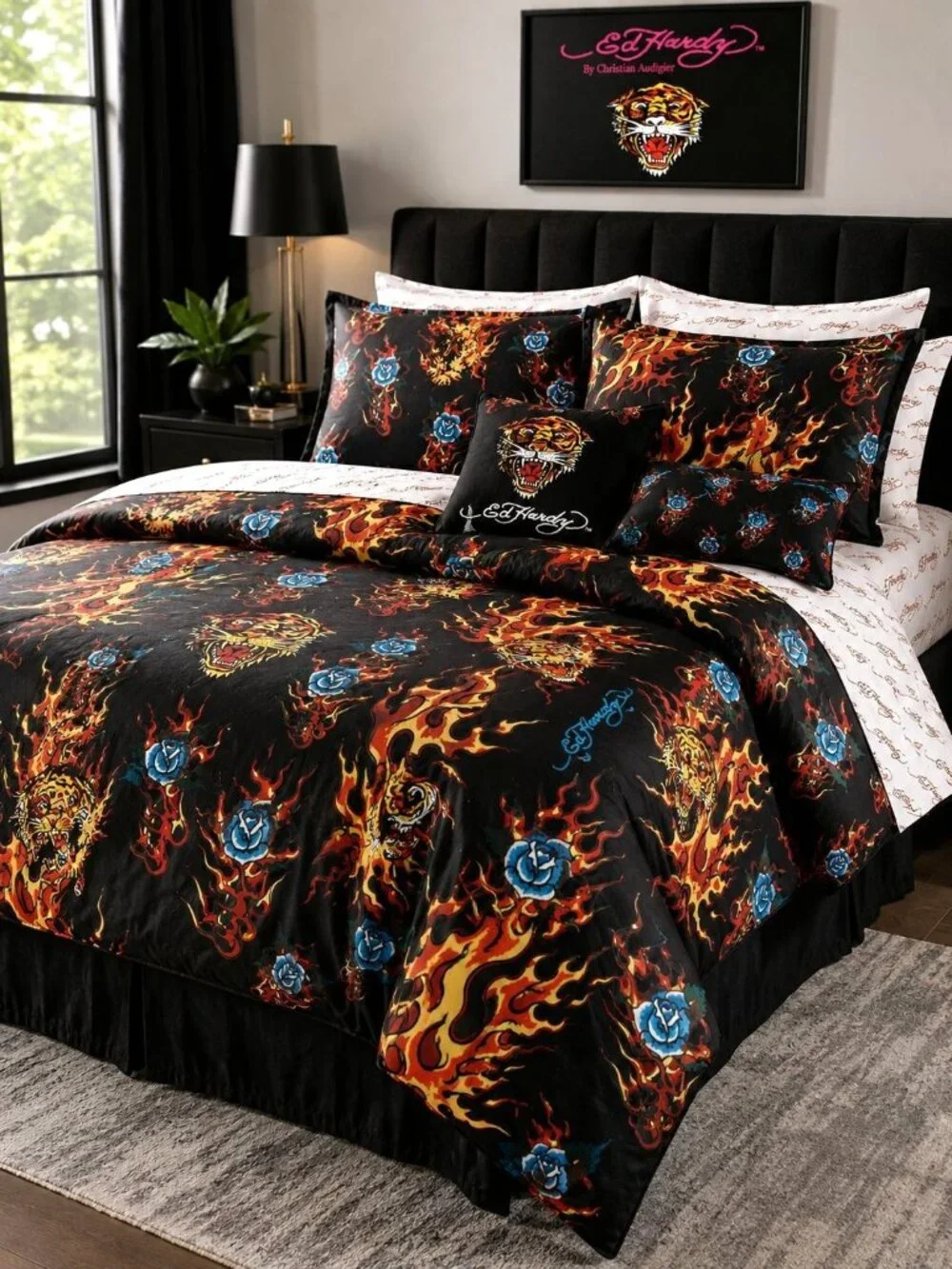 Ed Hardy Queen Comforter Set Shams Pillow Sheets w Black Roses Flames Black